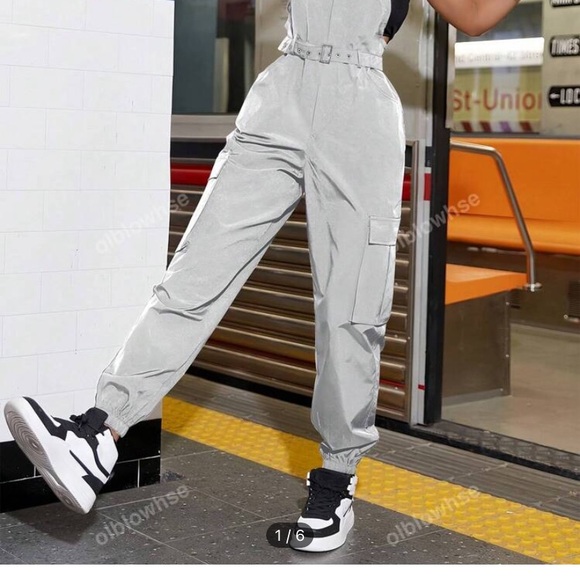 Stylish Silver Overalls Street Flap Pocket Side Belt Cargo Jumpsuit Without Top - Picture 6 of 9